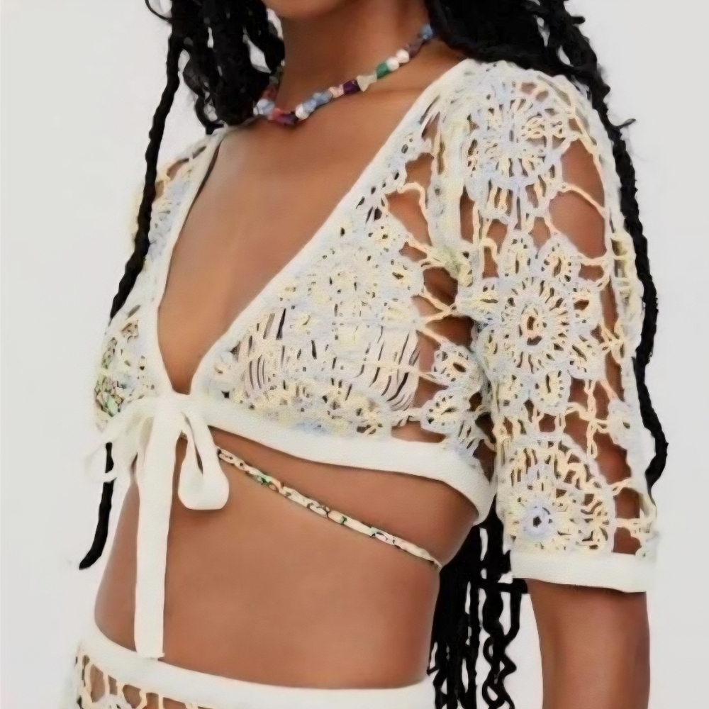 NWOT For Love & Lemons Ivory Crochet Tie-Front Crop Top with Pastel Accents